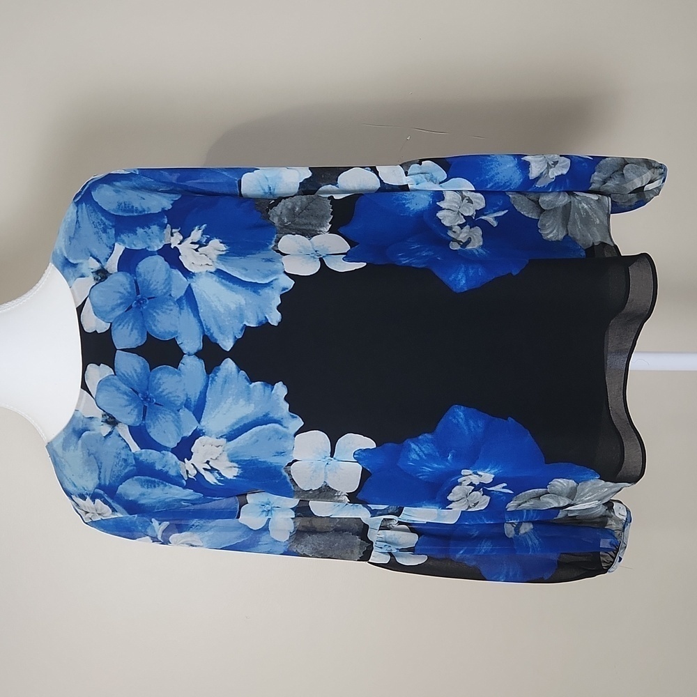 CALVIN KLEIN WOMENS BLOUSE, BLACK, BLUE AND WHITE, FLORAL, LONG SLEEVE SIZE Smal